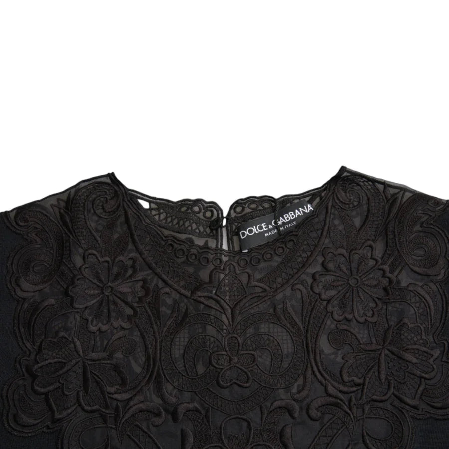 Dolce &amp; Gabbana Black Silk Lace Trim Long Sleeves Blouse Top