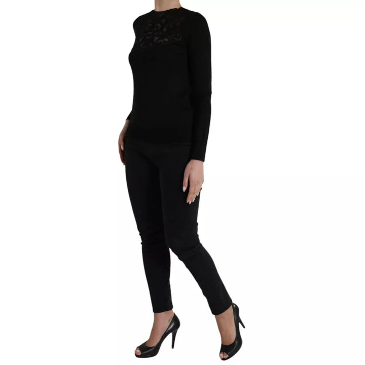 Dolce &amp; Gabbana Black Silk Lace Trim Long Sleeves Blouse Top