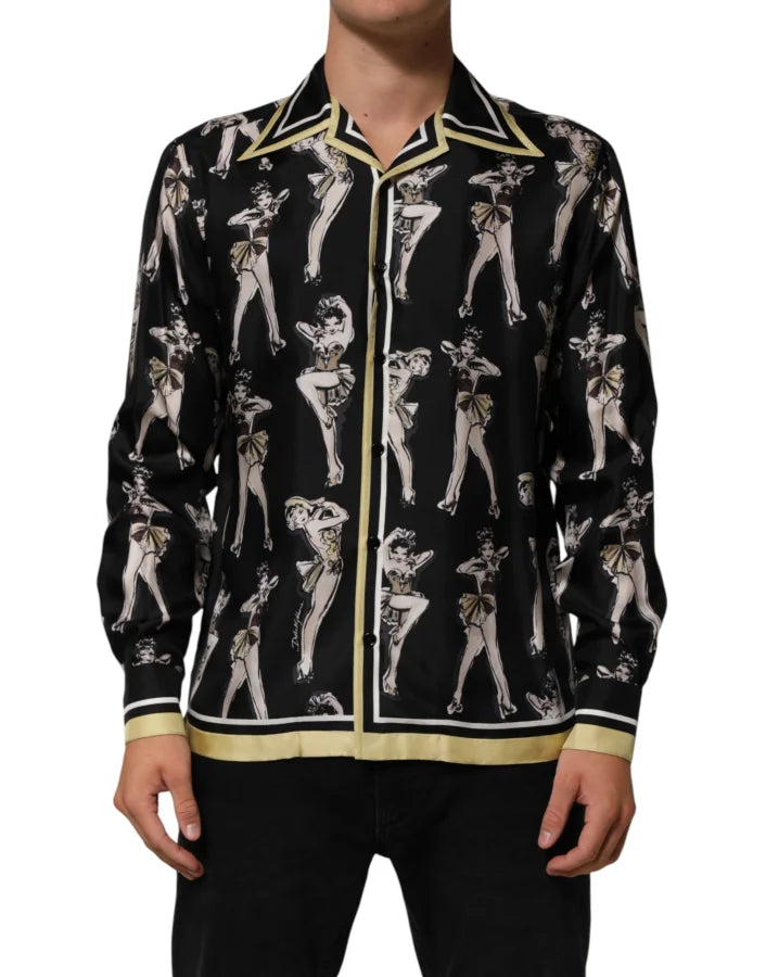Dolce &amp; Gabbana Black Silk Pin Up Printed Button Down Shirt