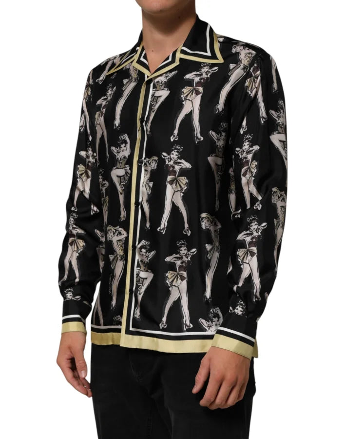 Dolce &amp; Gabbana Black Silk Pin Up Printed Button Down Shirt