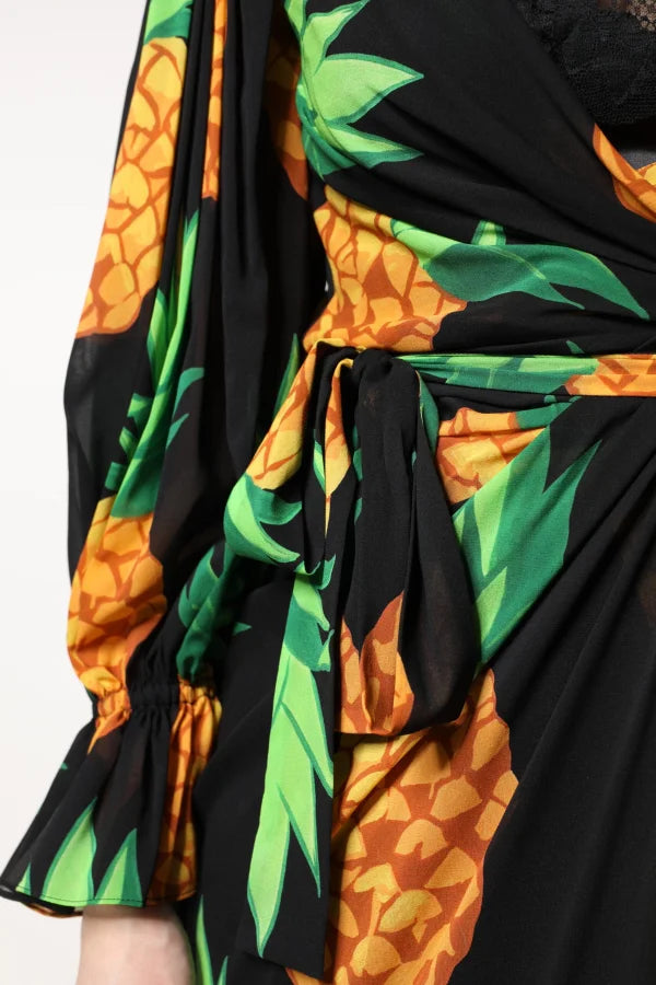 Dolce &amp; Gabbana Black Silk Pineapple Draped Print Wrap Dress