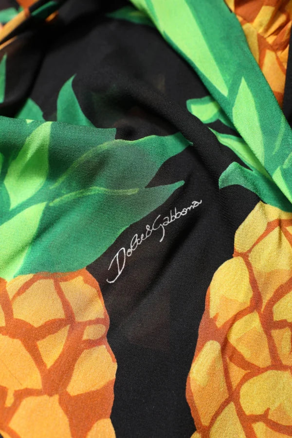 Dolce &amp; Gabbana Black Silk Pineapple Draped Print Wrap Dress