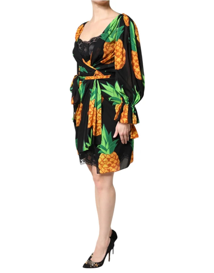 Dolce &amp; Gabbana Black Silk Pineapple Draped Print Wrap Dress