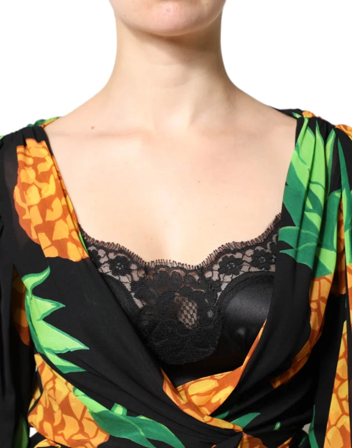 Dolce &amp; Gabbana Black Silk Pineapple Draped Print Wrap Dress