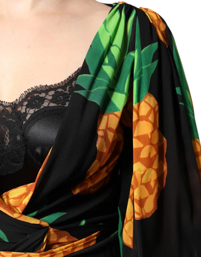 Dolce &amp; Gabbana Black Silk Pineapple Draped Print Wrap Dress