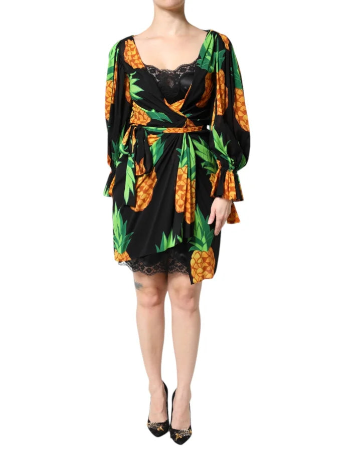 Dolce &amp; Gabbana Black Silk Pineapple Draped Print Wrap Dress