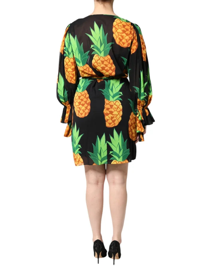 Dolce &amp; Gabbana Black Silk Pineapple Draped Print Wrap Dress