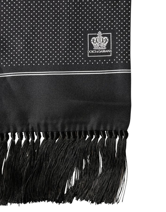 Dolce &amp; Gabbana Black Silk Polka Dot Crown Foulard 140cm X 16.5cm Scarf