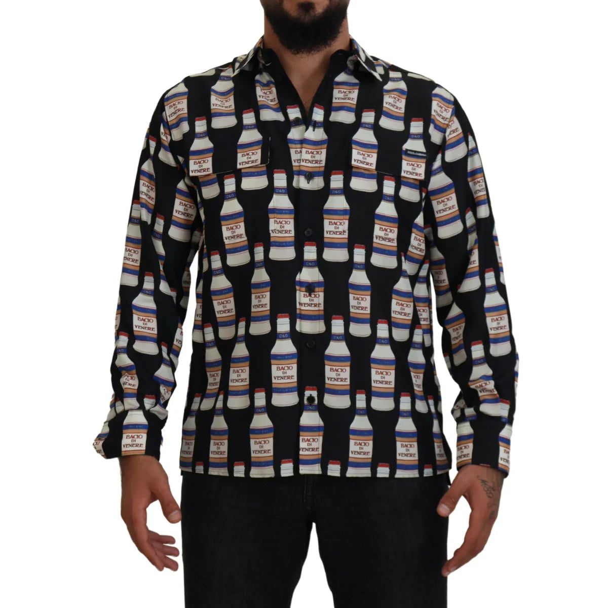 Dolce & Gabbana Black Silk Printed Casual Shirt for Men