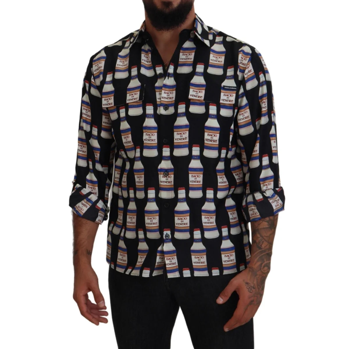 Dolce & Gabbana Black Silk Printed Casual Shirt for Men