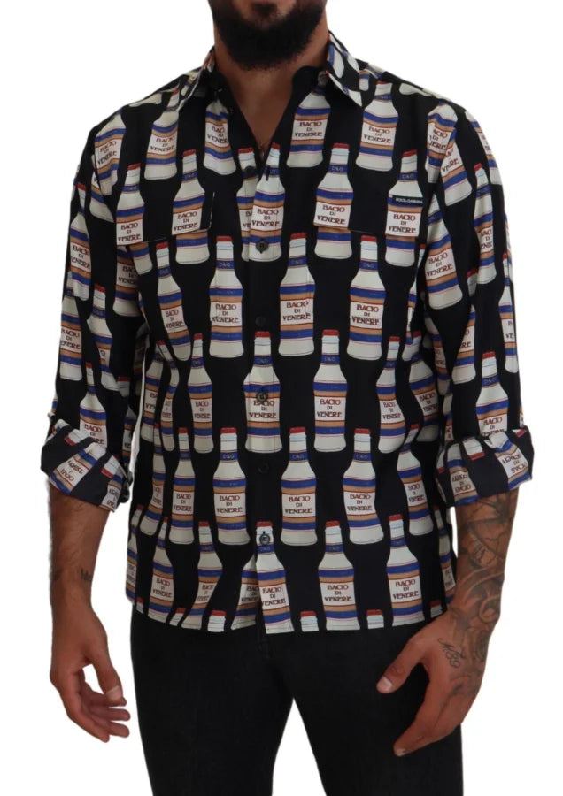Dolce &amp; Gabbana Black Silk Printed Collared Men Casual Shirt