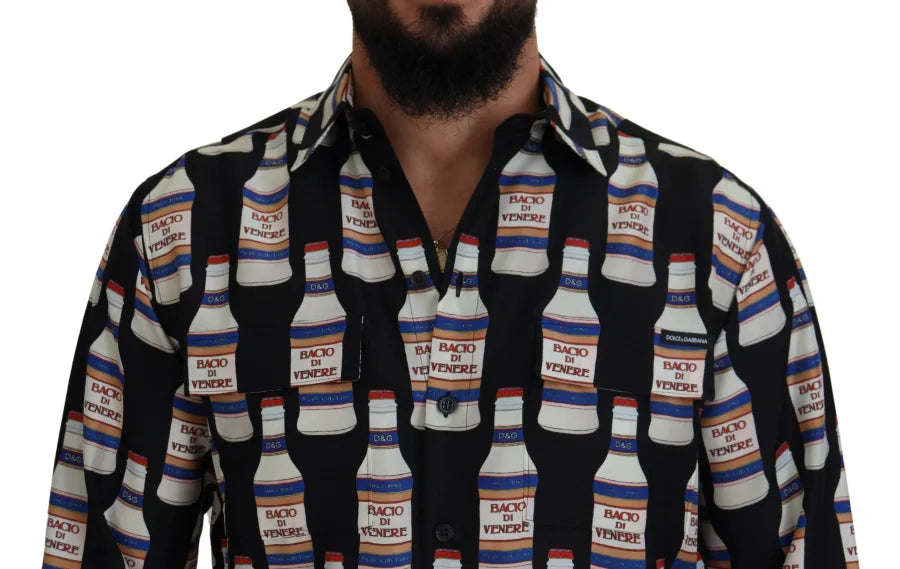 Dolce &amp; Gabbana Black Silk Printed Collared Men Casual Shirt