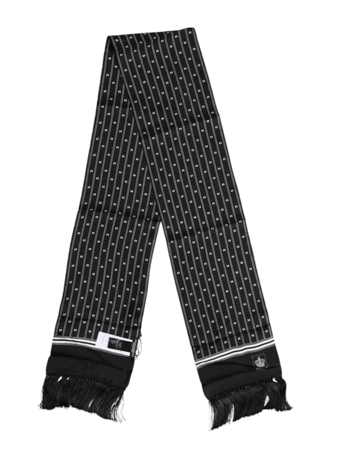 Dolce &amp; Gabbana Black Silk Printed Fringes Men Foulard Scarf