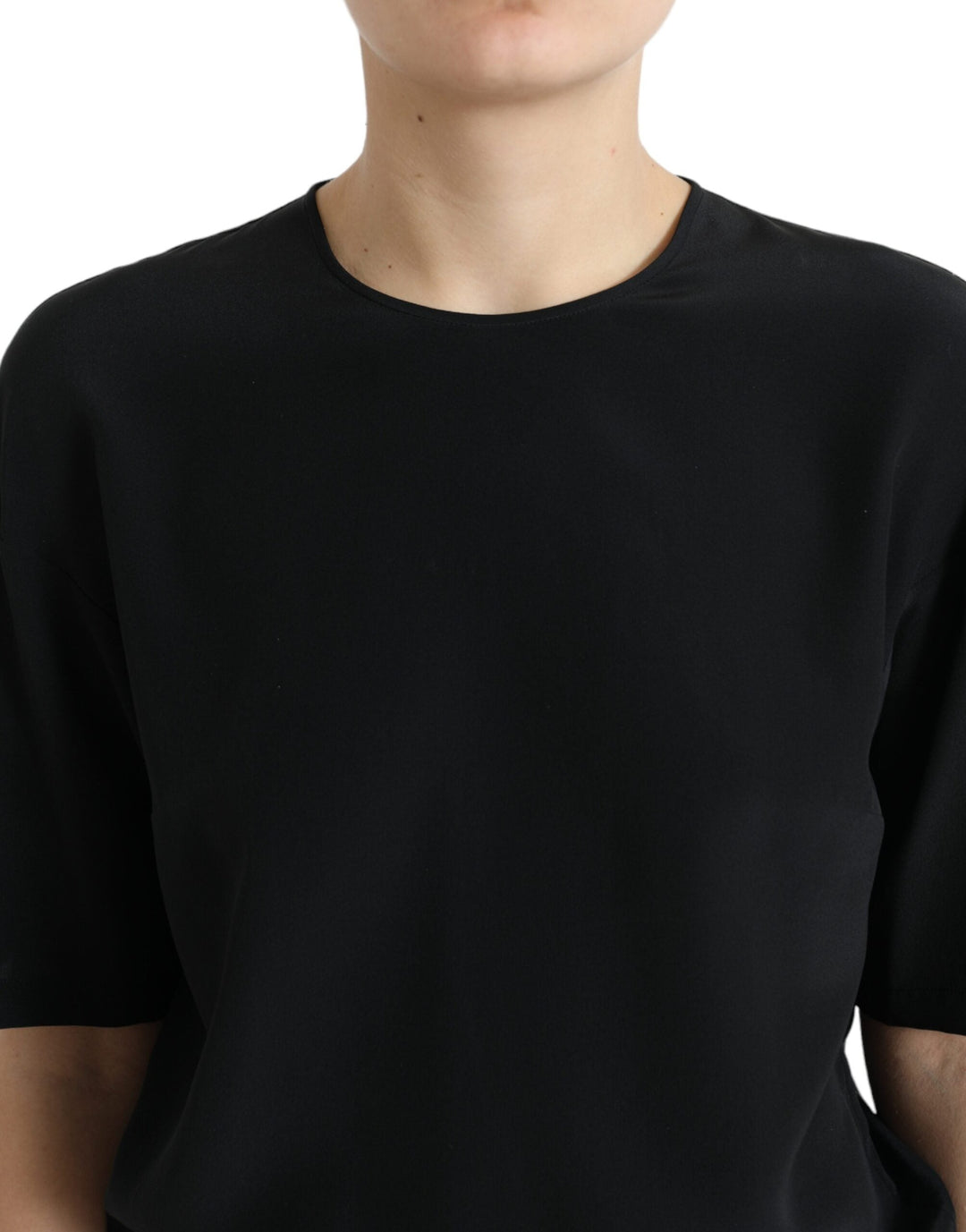 Dolce &amp; Gabbana - Black Silk Round Neck Short Sleeve Blouse Top