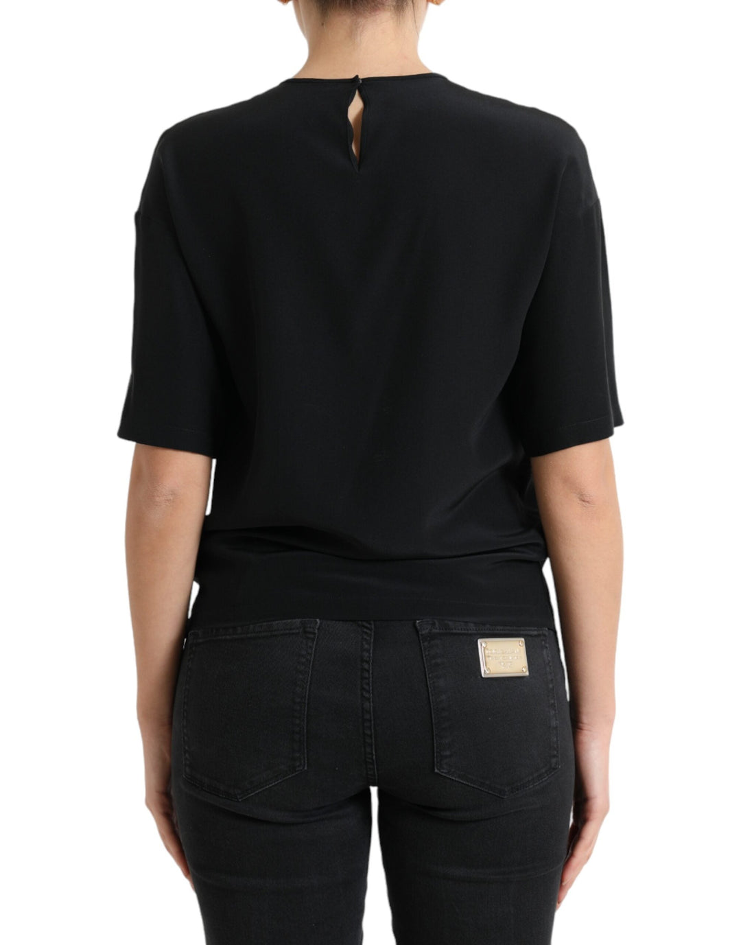 Dolce &amp; Gabbana - Black Silk Round Neck Short Sleeve Blouse Top