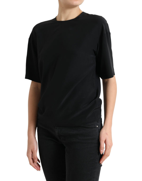 Dolce & Gabbana - Black Silk Round Neck Short Sleeve Blouse Top