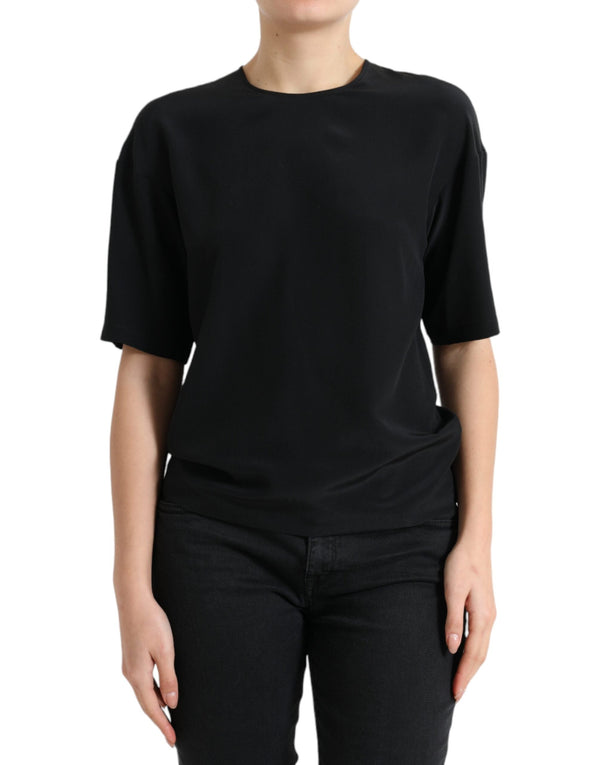 Dolce & Gabbana - Black Silk Round Neck Short Sleeve Blouse Top
