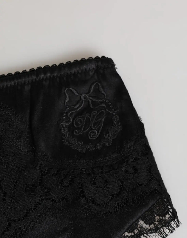 Dolce &amp; Gabbana Black Silk Satin Floral Lace Panty Brief Underwear