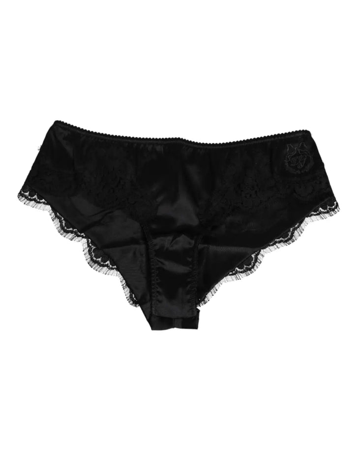 Dolce &amp; Gabbana Black Silk Satin Floral Lace Panty Brief Underwear