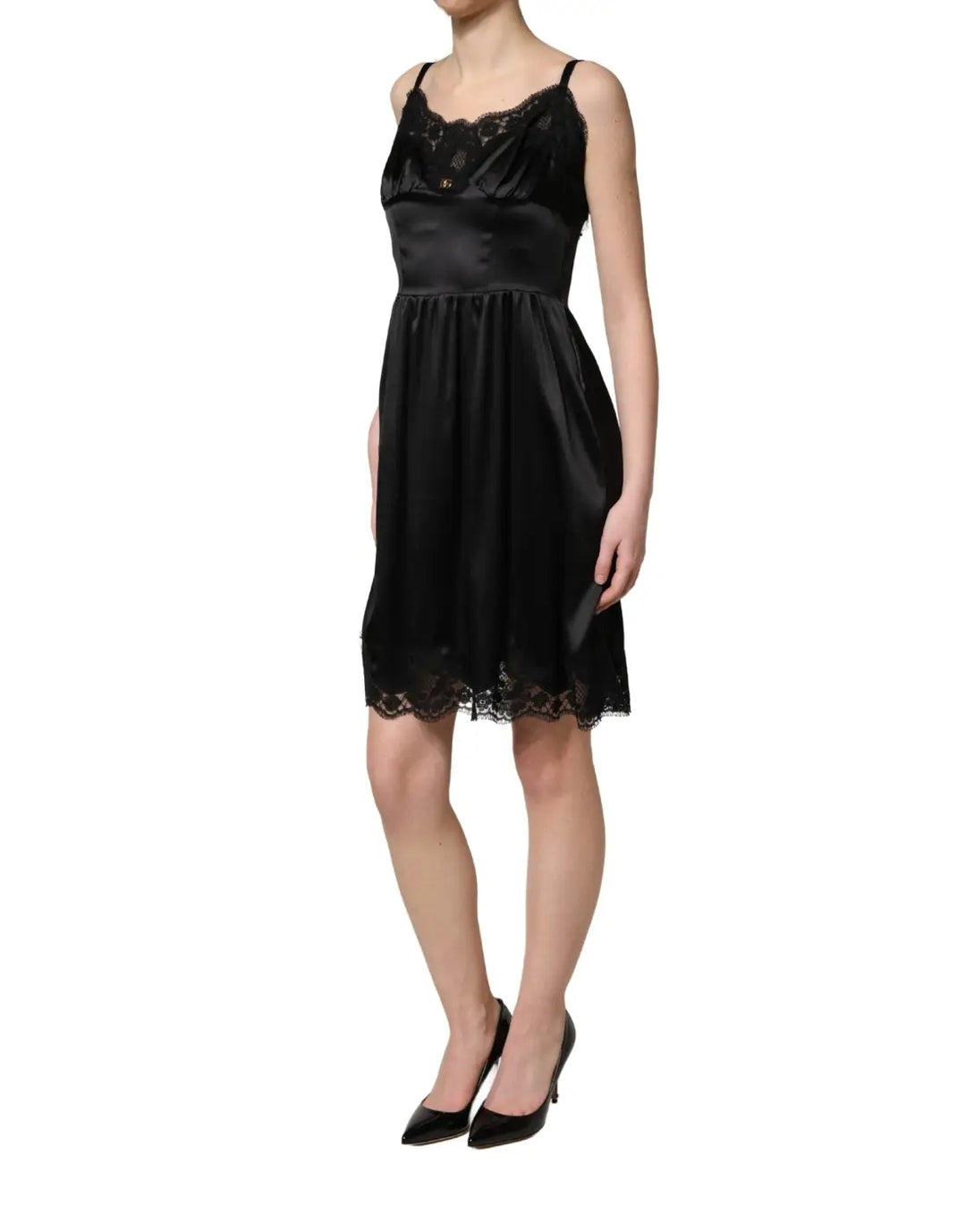 Dolce &amp; Gabbana Black Silk Satin Lace Sleeveless Mini Dress