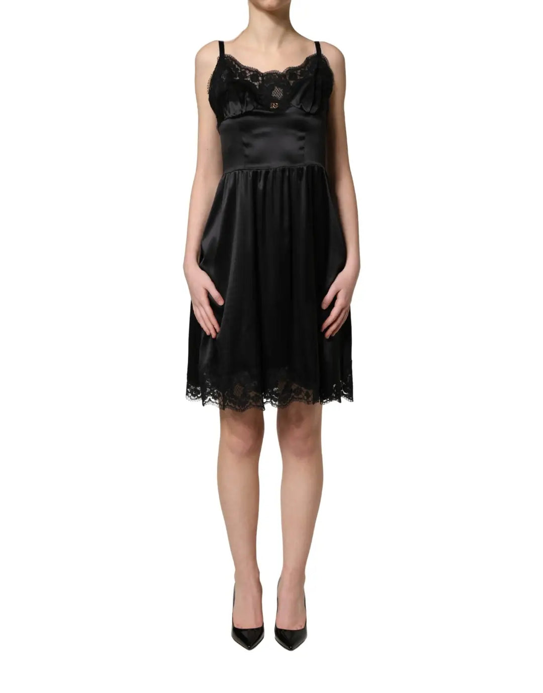 Dolce &amp; Gabbana Black Silk Satin Lace Sleeveless Mini Dress