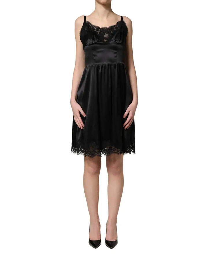 Dolce &amp; Gabbana Black Silk Satin Lace Sleeveless Mini Dress