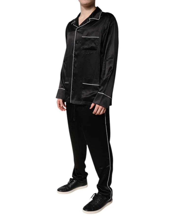 Dolce &amp; Gabbana Black Silk Shirt Pants Pajama Set Sleepwear