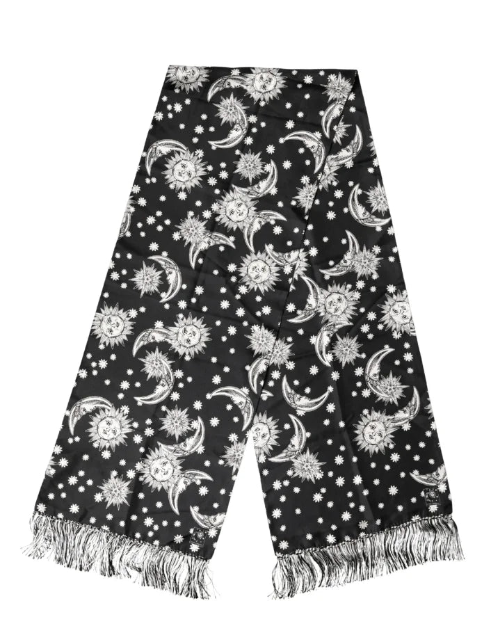 Dolce &amp; Gabbana Black Silk Sun Moon Star Fringe Foulard 178cm X 33cm Scarf