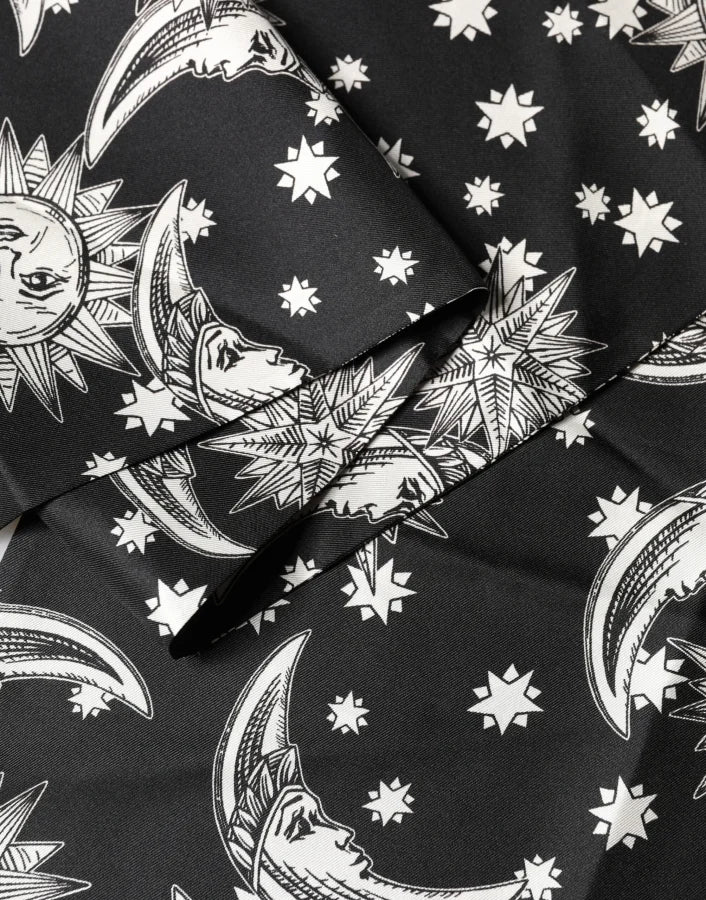 Dolce &amp; Gabbana Black Silk Sun Moon Star Fringe Foulard 178cm X 33cm Scarf