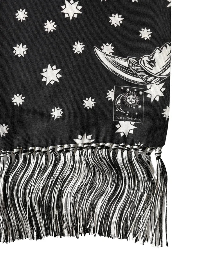 Dolce &amp; Gabbana Black Silk Sun Moon Star Fringe Foulard 178cm X 33cm Scarf