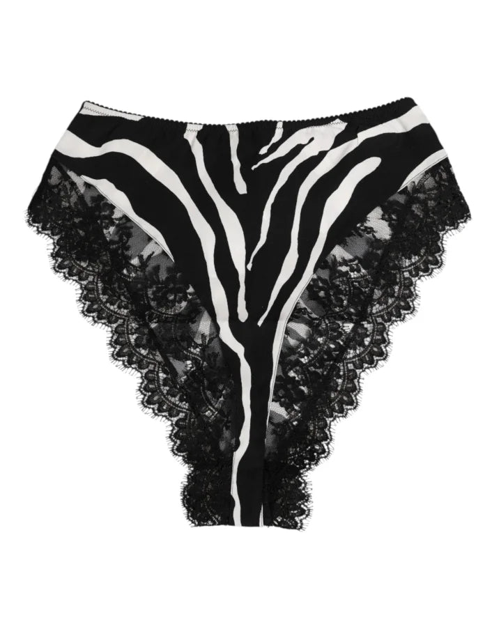 Dolce &amp; Gabbana Black Silk Zebra Print Lace High Waist Underwear