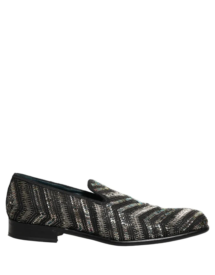 Dolce &amp; Gabbana Black Silver Embellished Slip On Loafers Shoes