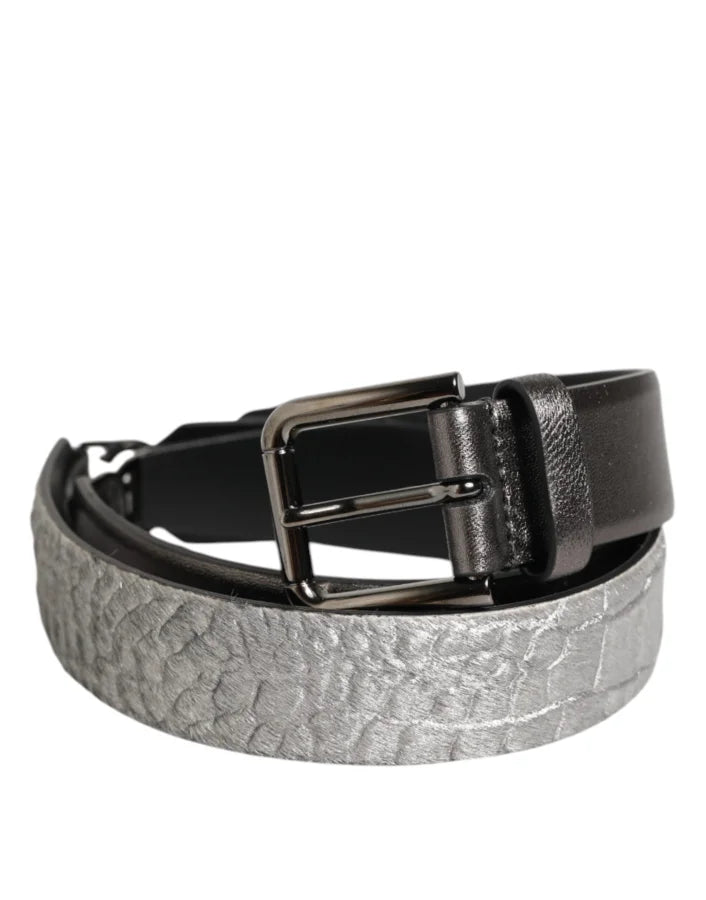 Dolce &amp; Gabbana Black Silver Pebbled Texture Leather Buckle Men Belt