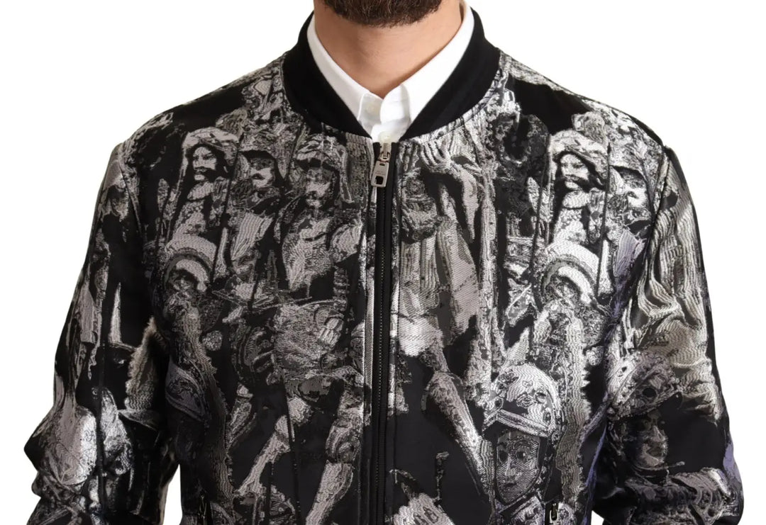 Dolce &amp; Gabbana Black Silver Puppi Motive Bomber Jacket