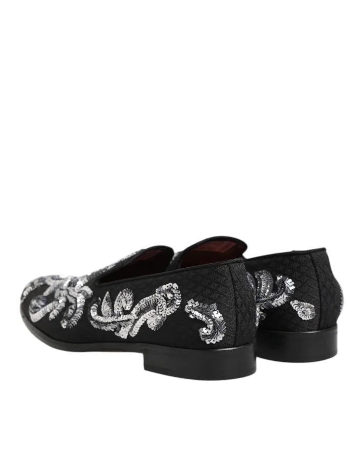 Dolce &amp; Gabbana Black Silver Sequined Loafers Men Dress Shoes