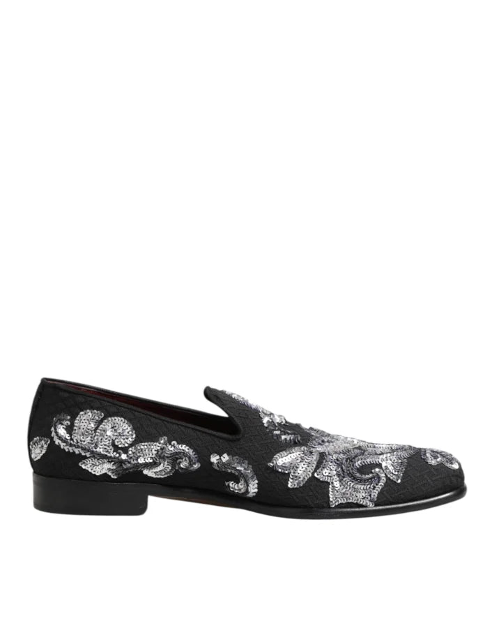 Dolce &amp; Gabbana Black Silver Sequined Loafers Men Dress Shoes