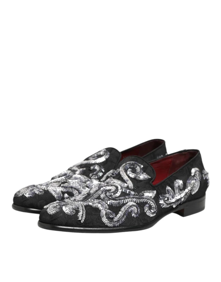 Dolce &amp; Gabbana Black Silver Sequined Loafers Men Dress Shoes