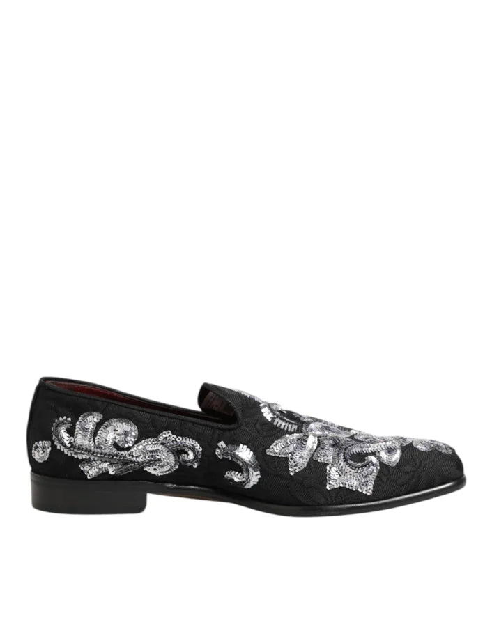 Dolce &amp; Gabbana Black Silver Sequined Loafers Men Dress Shoes