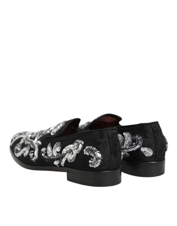 Dolce &amp; Gabbana Black Silver Sequined Loafers Men Dress Shoes