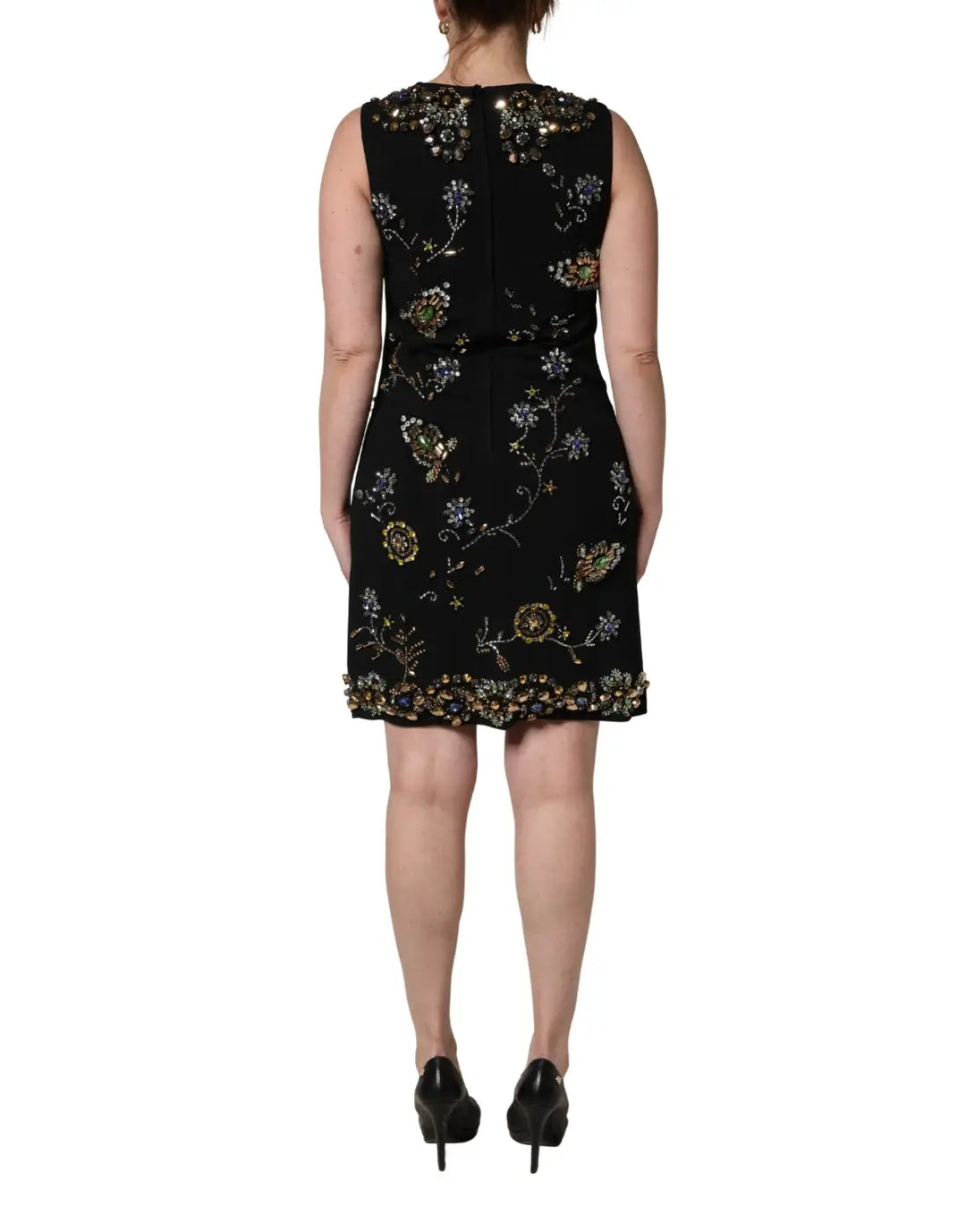 Dolce &amp; Gabbana Black Sleeveless Floral Bead Embellishments Dress