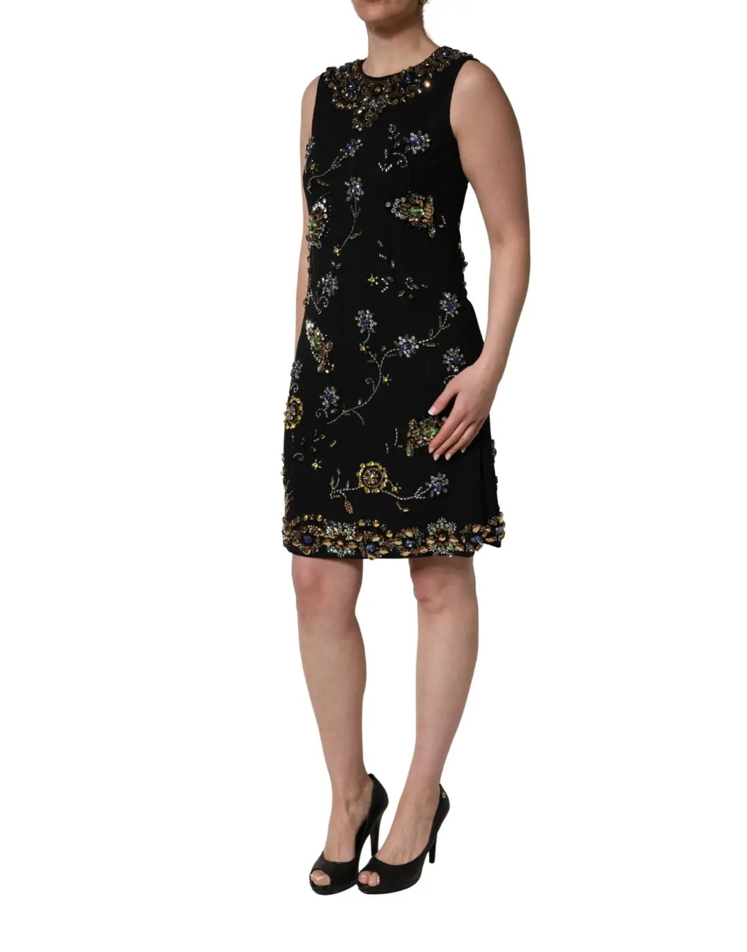 Dolce &amp; Gabbana Black Sleeveless Floral Bead Embellishments Dress