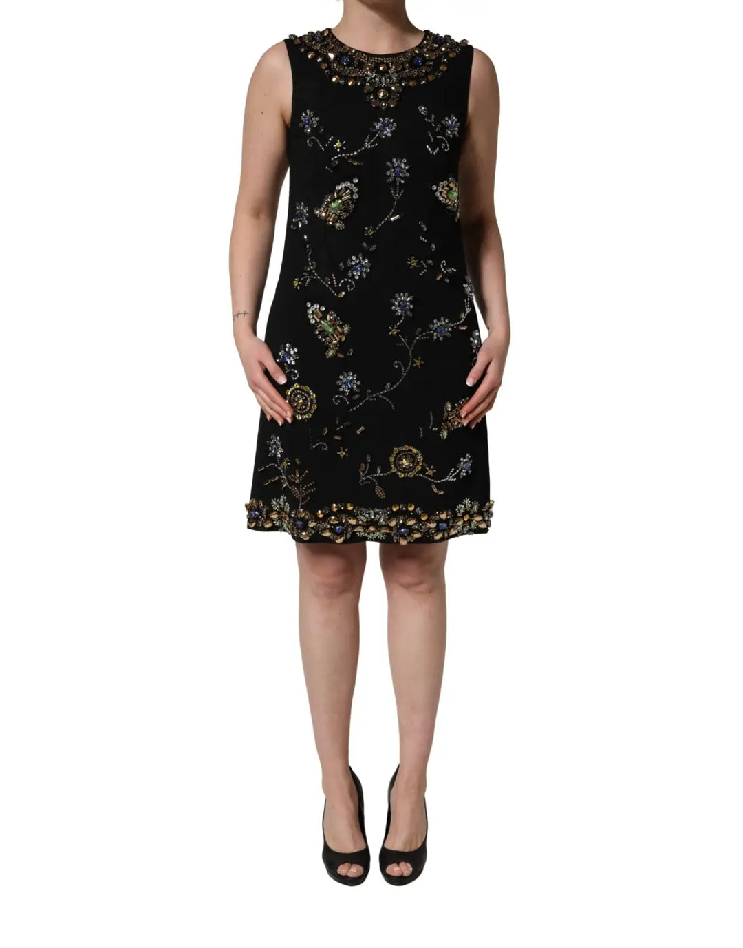 Dolce &amp; Gabbana Black Sleeveless Floral Bead Embellishments Dress