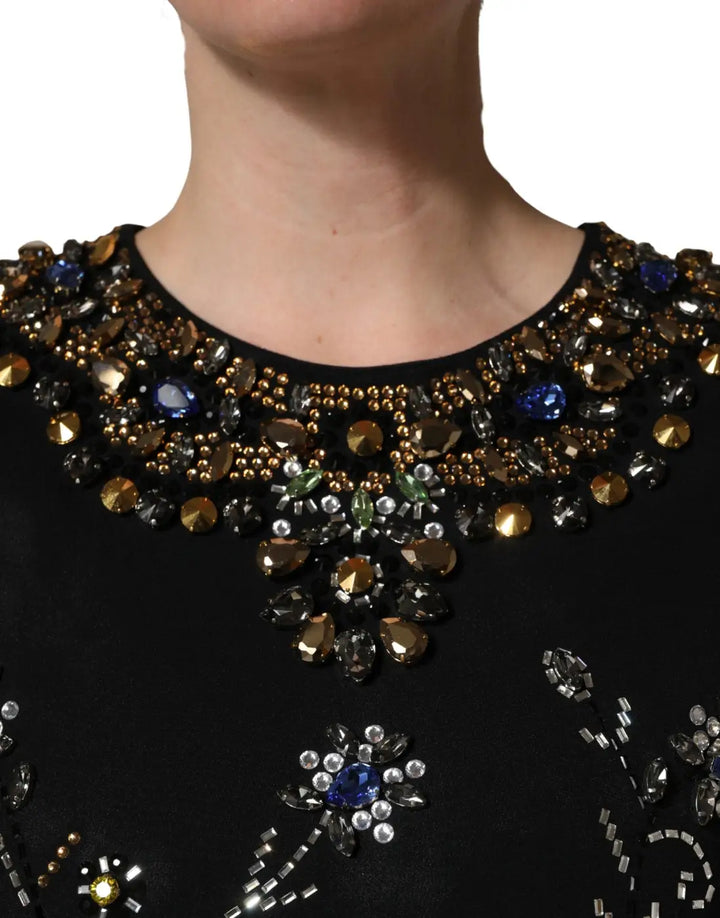 Dolce &amp; Gabbana Black Sleeveless Floral Bead Embellishments Dress