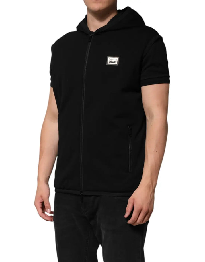 Dolce &amp; Gabbana Black Sleeveless Hooded Logo Plaque Jacket