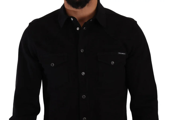 Dolce &amp; Gabbana Black Slim Cotton Denim Stretch Shirt