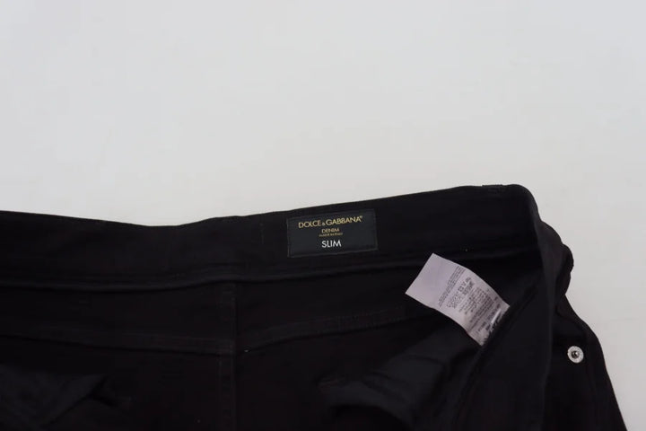 Dolce &amp; Gabbana Black Slim Fit Tattered Denim Cotton Jeans