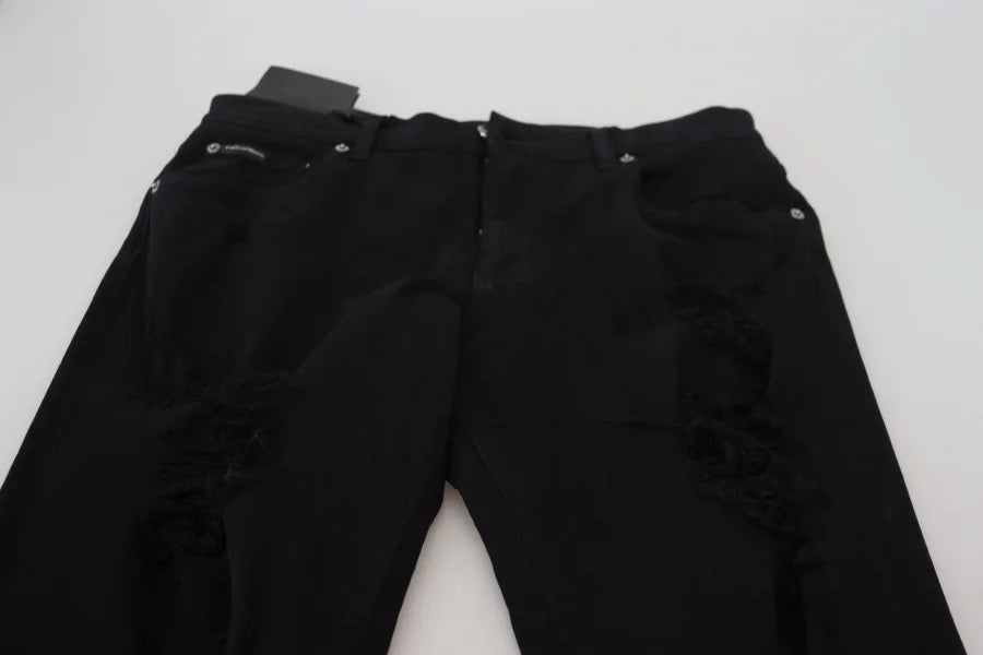 Dolce &amp; Gabbana Black Slim Fit Tattered Denim Cotton Jeans