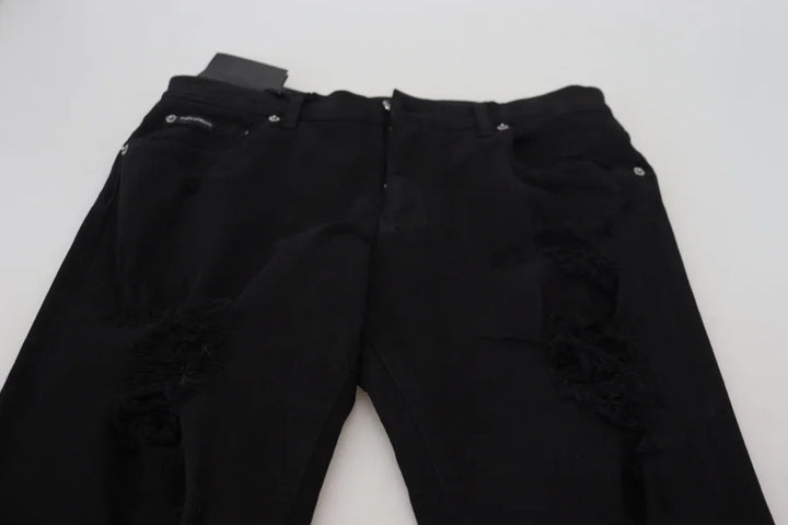 Dolce &amp; Gabbana Black Slim Fit Tattered Denim Cotton Jeans