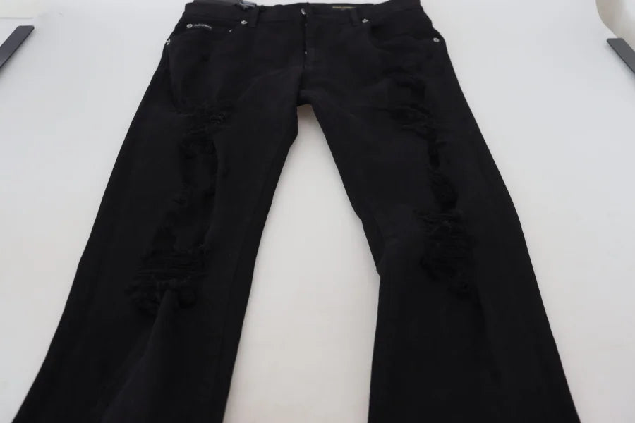 Dolce &amp; Gabbana Black Slim Fit Tattered Denim Cotton Jeans