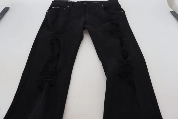 Dolce &amp; Gabbana Black Slim Fit Tattered Denim Cotton Jeans